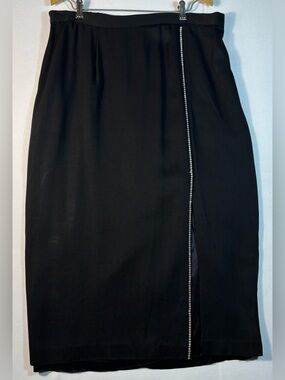Vintage Women’s 16 Black Pencil Skirt w/ Front Slit Rhinestone Trim Made in USA